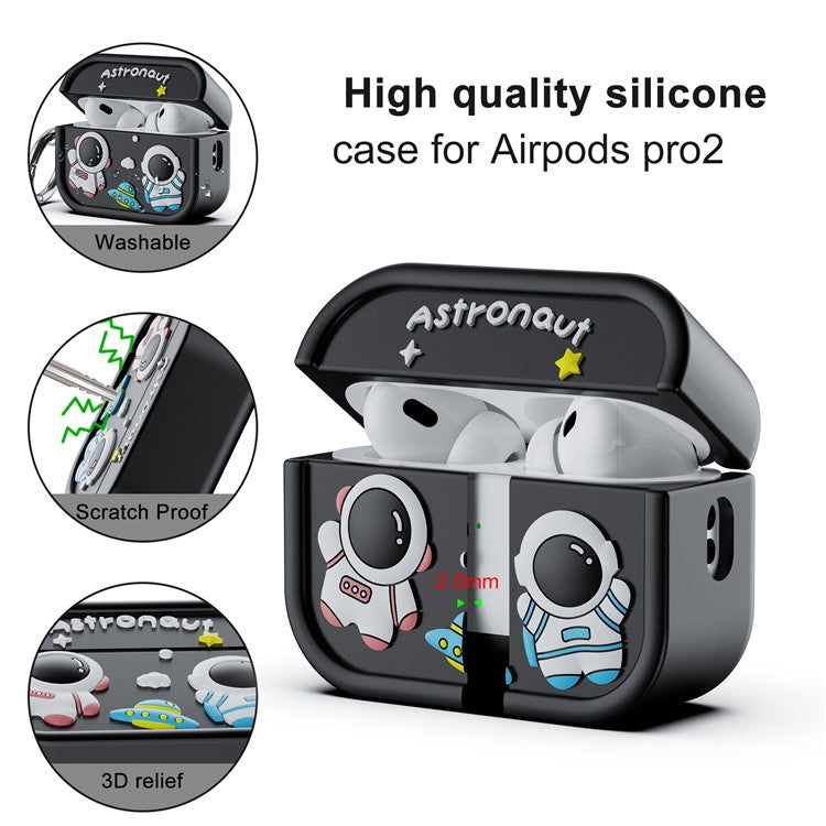 For AirPods Pro 2 Case Cute Astronaut Design Silicone Earphone Cover with Carabiner - Black