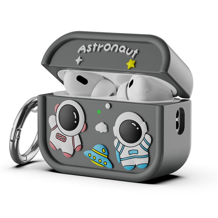 For AirPods Pro 2 Case Cute Astronaut Design Silicone Earphone Cover with Carabiner - Grey