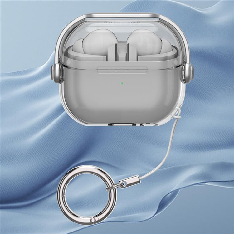 For Samsung Galaxy Buds3 / Buds3 Pro Case Kickstand TPU+PC Earbud Cover with Ring Strap - Transparent Black