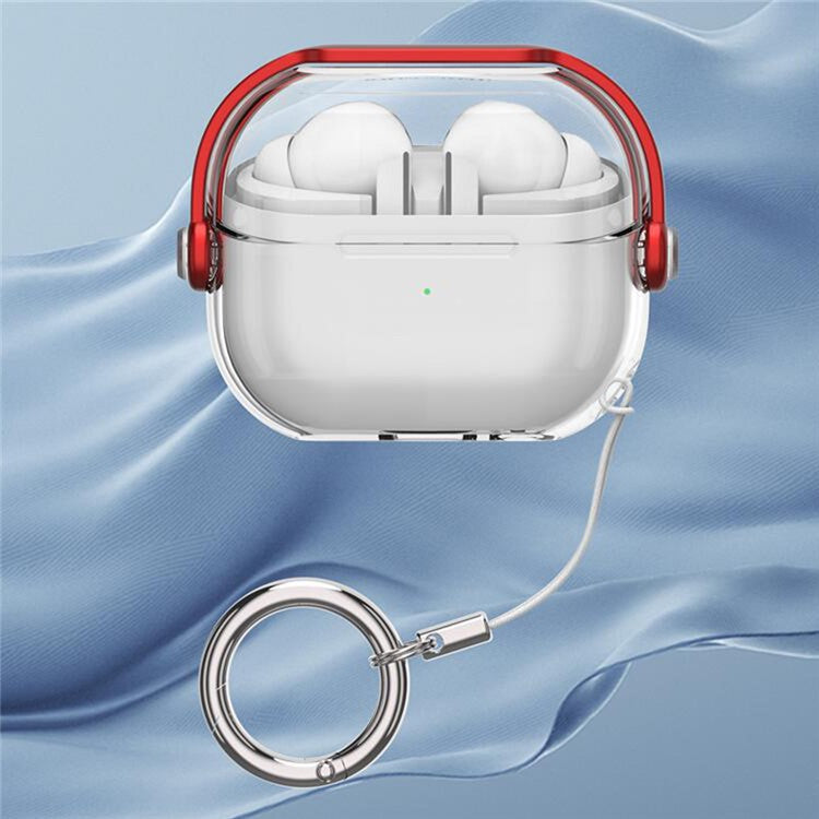 For Samsung Galaxy Buds3 / Buds3 Pro Case Kickstand TPU+PC Earbud Cover with Ring Strap - Transparent+Red