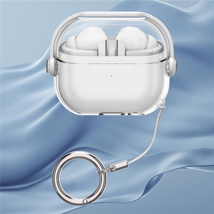 For Samsung Galaxy Buds3 / Buds3 Pro Case Kickstand TPU+PC Earbud Cover with Ring Strap - Transparent+White