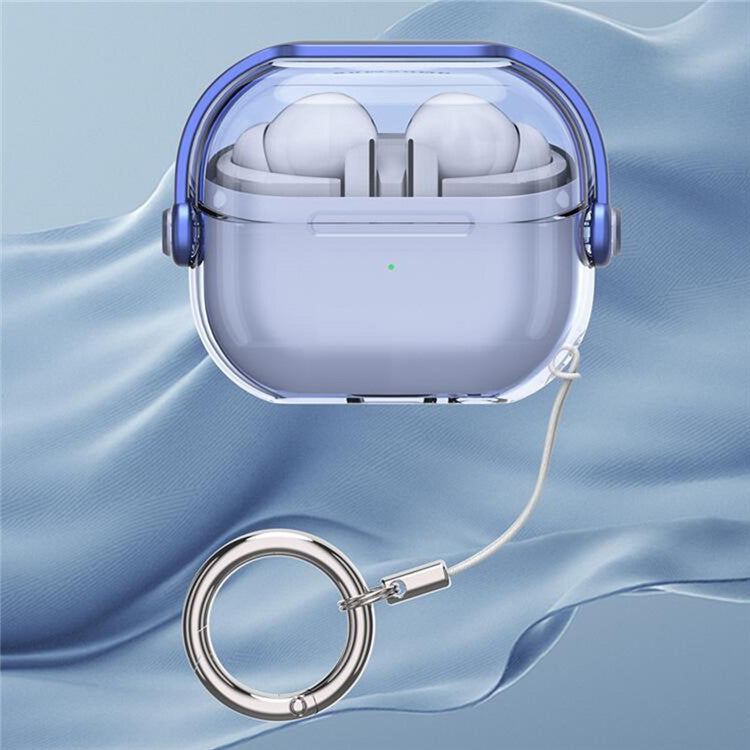 For Samsung Galaxy Buds3 / Buds3 Pro Case Kickstand TPU+PC Earbud Cover with Ring Strap - Transparent Blue