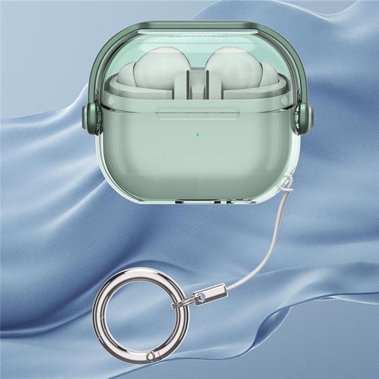 For Samsung Galaxy Buds3 / Buds3 Pro Case Kickstand TPU+PC Earbud Cover with Ring Strap - Transparent Green