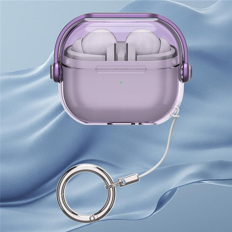 For Samsung Galaxy Buds3 / Buds3 Pro Case Kickstand TPU+PC Earbud Cover with Ring Strap - Transparent Purple