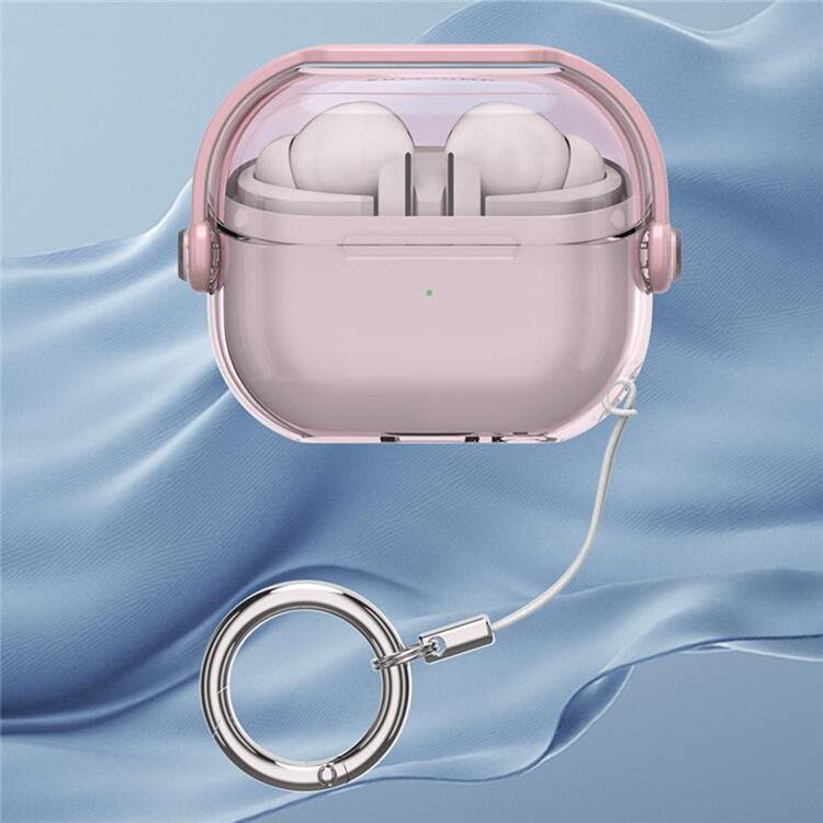 For Samsung Galaxy Buds3 / Buds3 Pro Case Kickstand TPU+PC Earbud Cover with Ring Strap - Transparent Pink