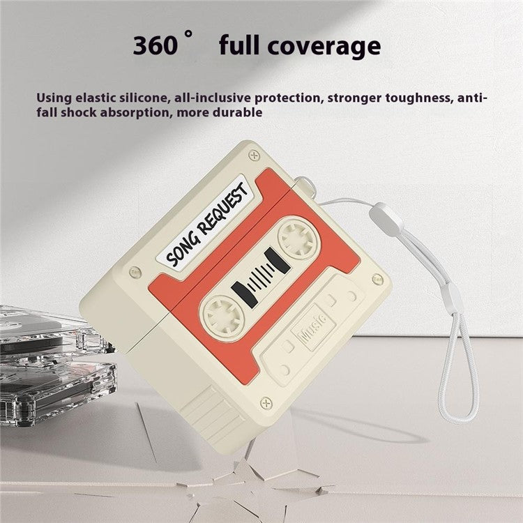 For AirPods 4 Case Cassette Tape Design Portable Liquid Silicone Earbuds Cover with Strap - Orange