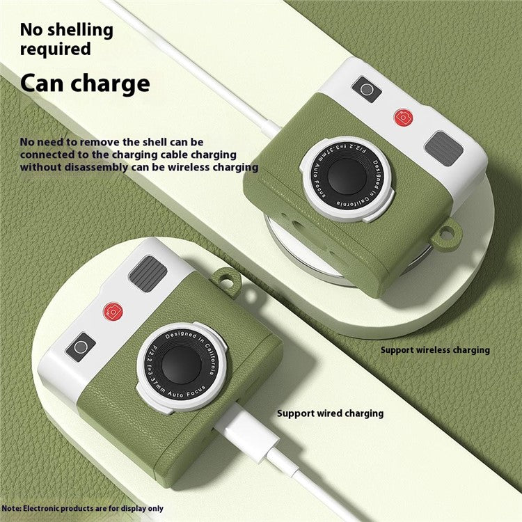 For AirPods 4 Case Retro Camera Design Liquid Silicone Earbuds Carrying Cover with Carabiner - Cream Beige