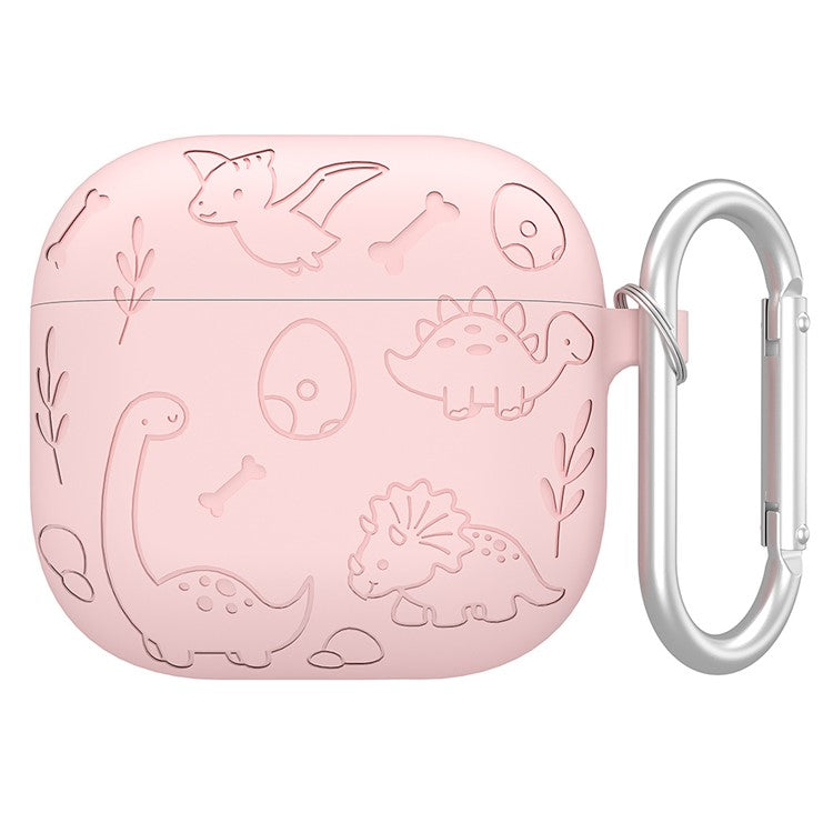 For AirPods 4 Case Unique Dinosaur Design Liquid Silicone Earphone Cover with Carabiner - Light Pink