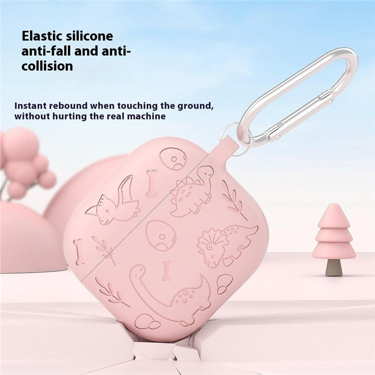 For AirPods 4 Case Unique Dinosaur Design Liquid Silicone Earphone Cover with Carabiner - Light Pink