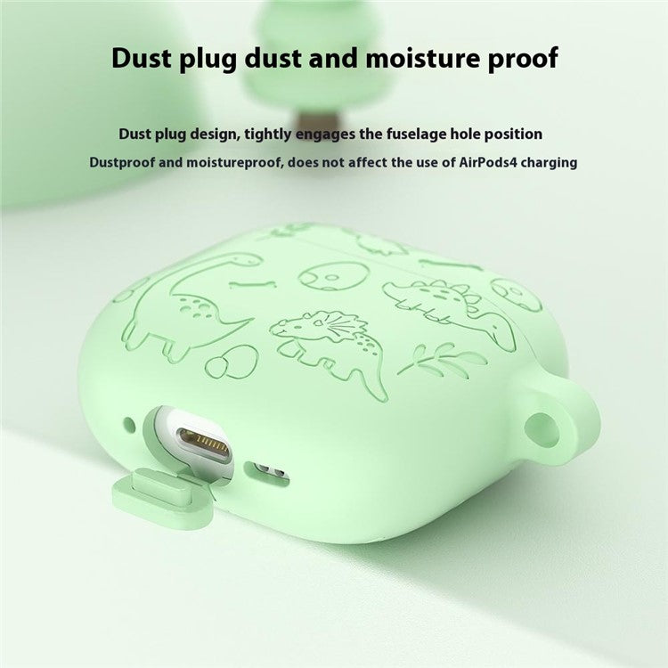 For AirPods 4 Case Unique Dinosaur Design Liquid Silicone Earphone Cover with Carabiner - Light Pink