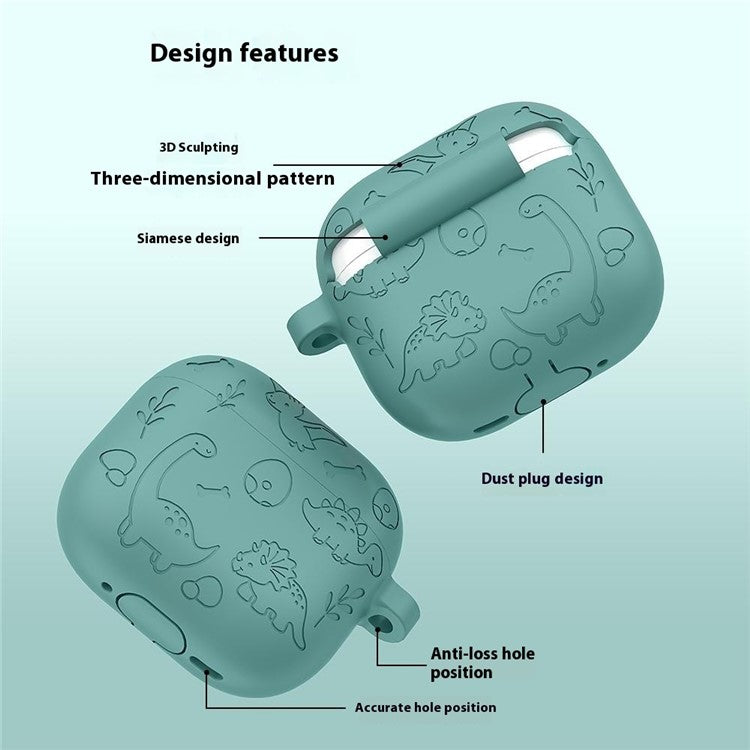 For AirPods 4 Case Unique Dinosaur Design Liquid Silicone Earphone Cover with Carabiner - Matcha Green