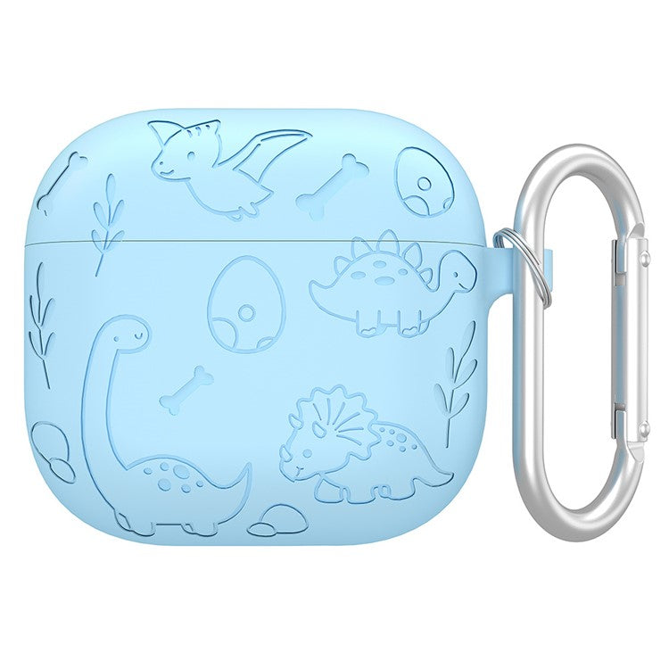 For AirPods 4 Case Unique Dinosaur Design Liquid Silicone Earphone Cover with Carabiner - Baby Blue