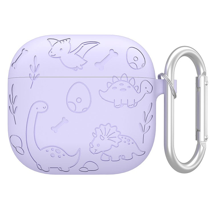 For AirPods 4 Case Unique Dinosaur Design Liquid Silicone Earphone Cover with Carabiner - Light Purple