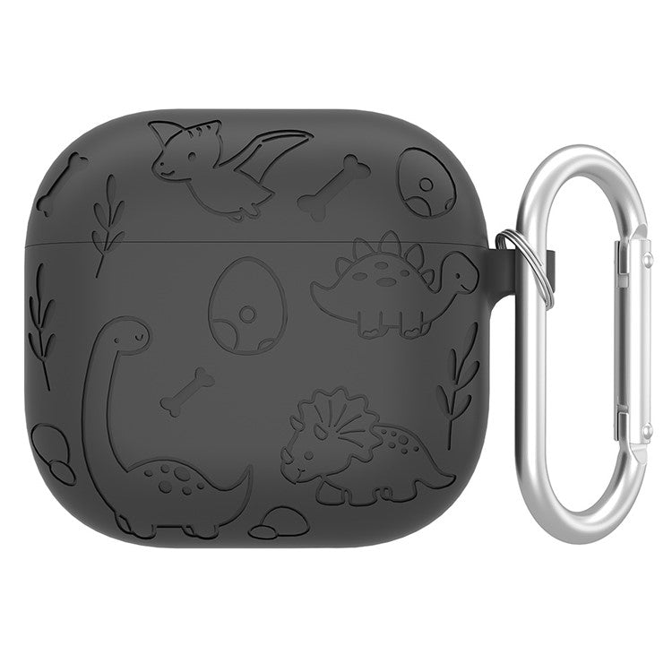 For AirPods 4 Case Unique Dinosaur Design Liquid Silicone Earphone Cover with Carabiner - Dark Grey