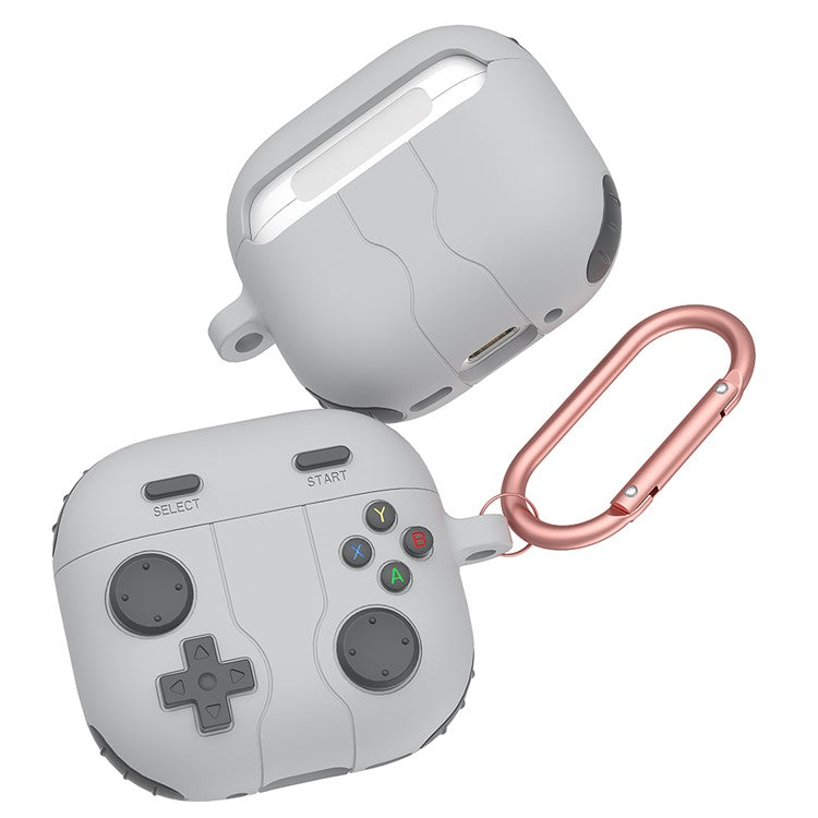 For AirPods 4 Case Game Console Shape Earphones Silicone Shell with Carabiner - Rock Grey