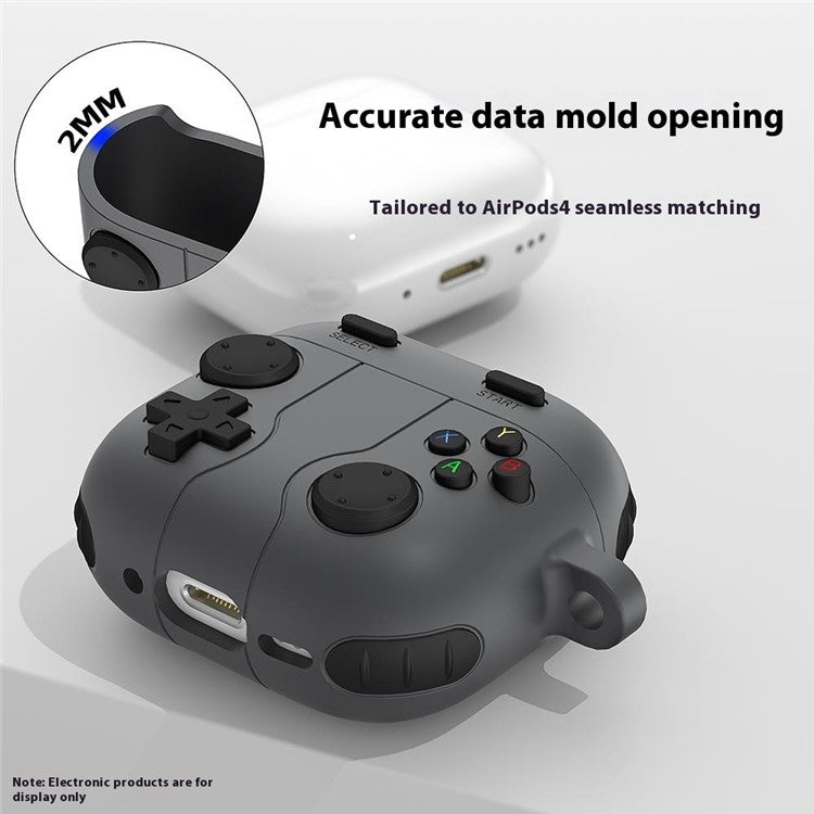 For AirPods 4 Case Game Console Shape Earphones Silicone Shell with Carabiner - Dark Grey