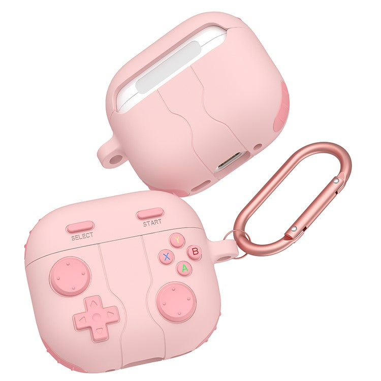 For AirPods 4 Case Game Console Shape Earphones Silicone Shell with Carabiner - Pink