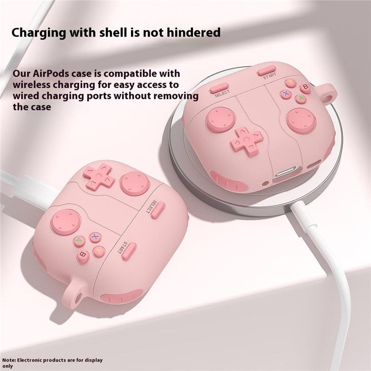 For AirPods 4 Case Game Console Shape Earphones Silicone Shell with Carabiner - Pink