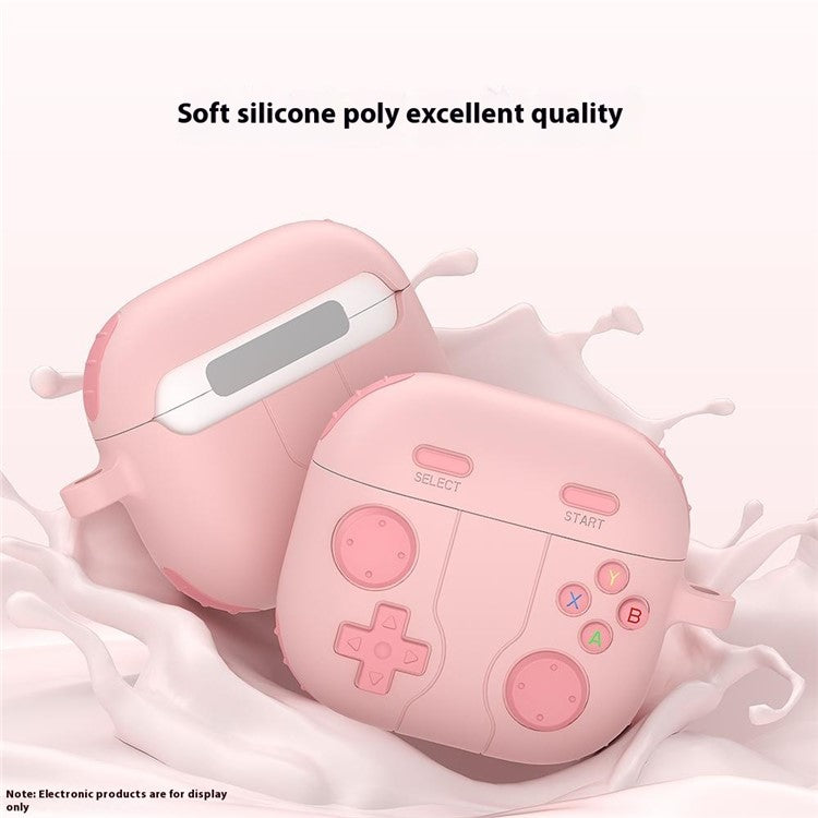 For AirPods 4 Case Game Console Shape Earphones Silicone Shell with Carabiner - Pink