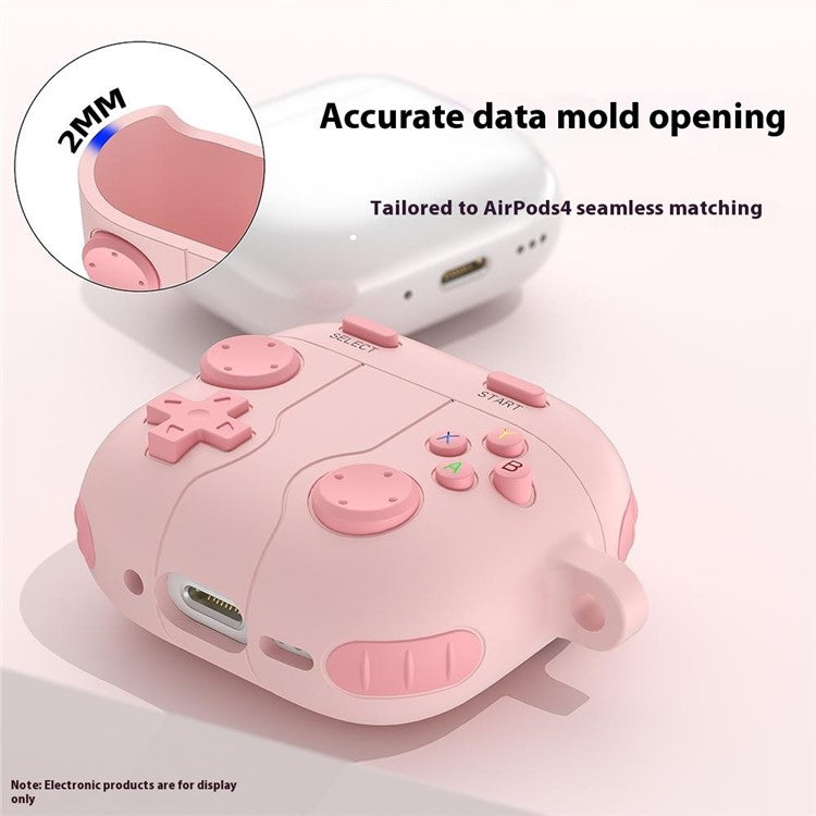 For AirPods 4 Case Game Console Shape Earphones Silicone Shell with Carabiner - Pink