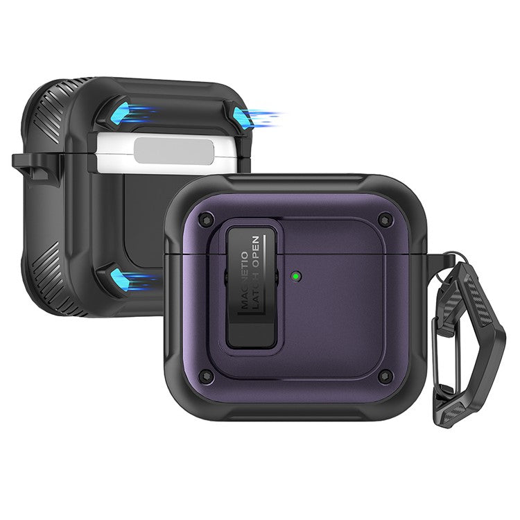 For AirPods 4 Earbuds Case PC+TPU Shockproof Full Body Protective Magnetic Cover with Carabiner - Purple