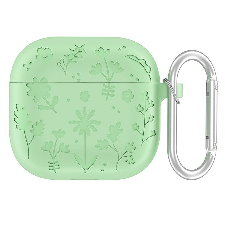 For AirPods 4 Case Floral Pattern Liquid Silicone Earphone Cover with Carabiner - Matcha Green