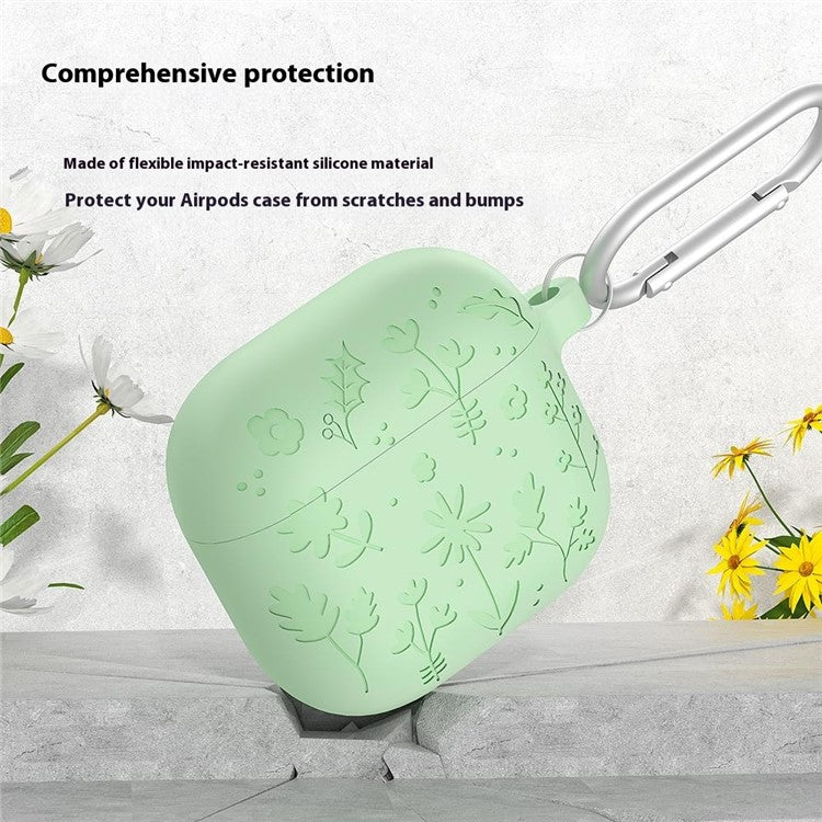 For AirPods 4 Case Floral Pattern Liquid Silicone Earphone Cover with Carabiner - Matcha Green