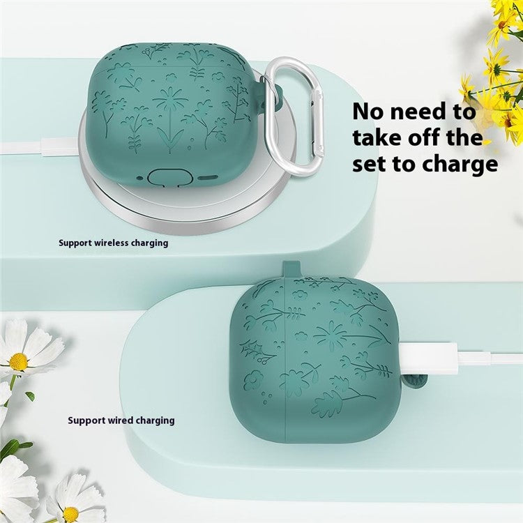 For AirPods 4 Case Floral Pattern Liquid Silicone Earphone Cover with Carabiner - Matcha Green