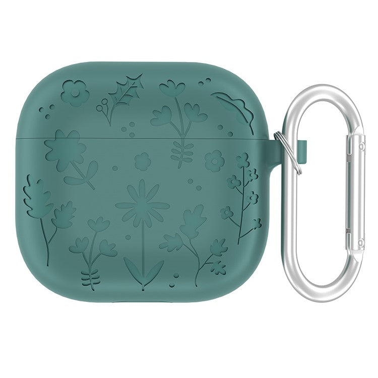 For AirPods 4 Case Floral Pattern Liquid Silicone Earphone Cover with Carabiner - Green