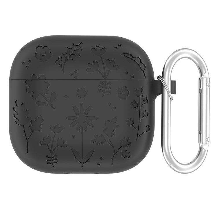 For AirPods 4 Case Floral Pattern Liquid Silicone Earphone Cover with Carabiner - Dark Grey