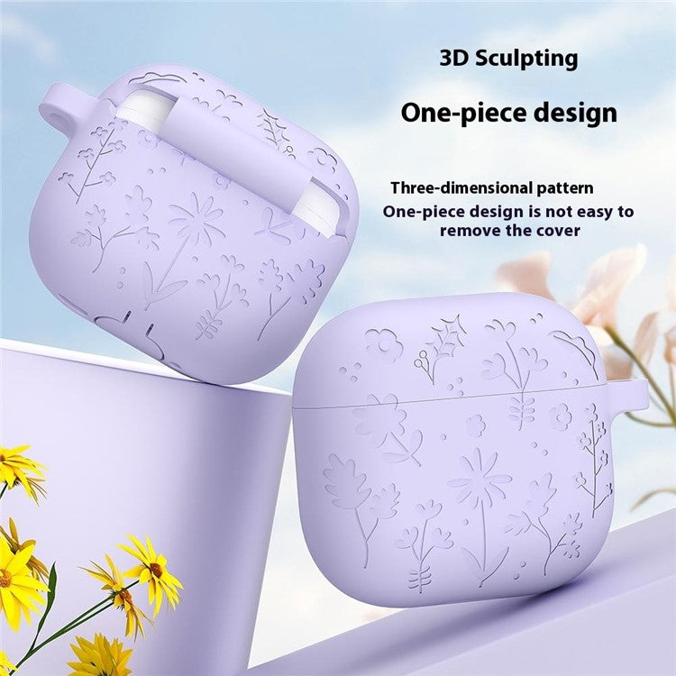 For AirPods 4 Case Floral Pattern Liquid Silicone Earphone Cover with Carabiner - Dark Grey