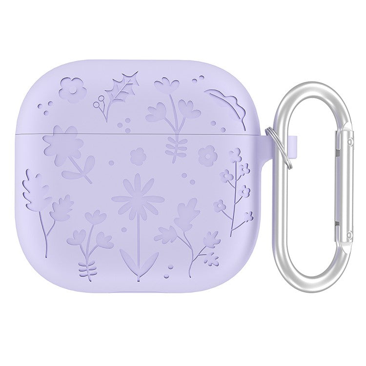 For AirPods 4 Case Floral Pattern Liquid Silicone Earphone Cover with Carabiner - Light Purple