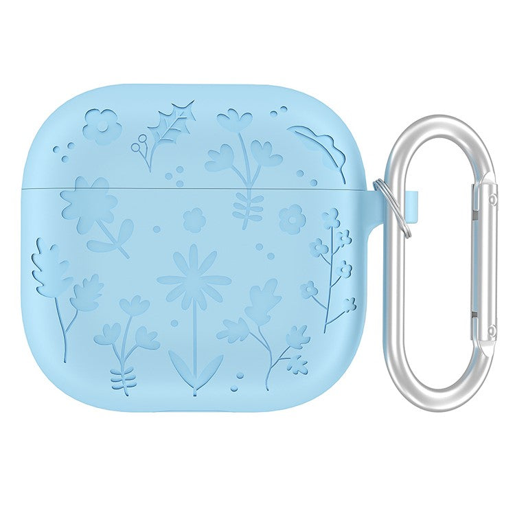 For AirPods 4 Case Floral Pattern Liquid Silicone Earphone Cover with Carabiner - Baby Blue