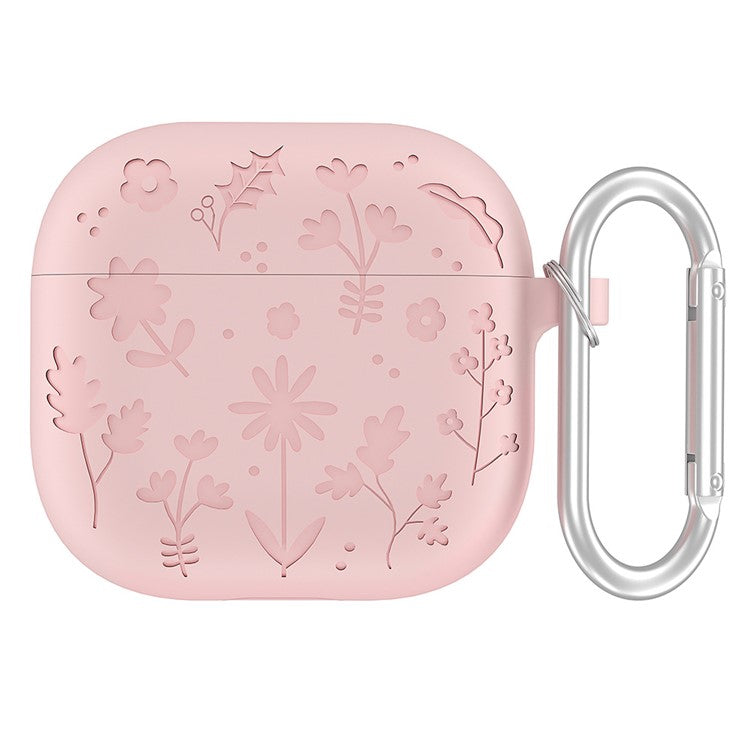 For AirPods 4 Case Floral Pattern Liquid Silicone Earphone Cover with Carabiner - Light Pink