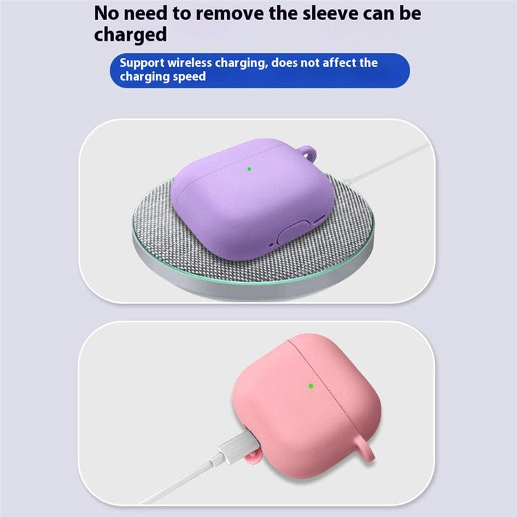 For AirPods 4 Silicone Case Soft Wireless Earbud Organizer Cover Thickness 1.5mm with Carabiner - Pink Purple