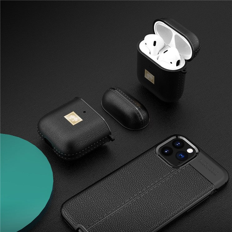 Litchi Texture PU Leather Coated TPU Earphone Protective Case Cover for AirPods with Charging Case (2019)/AirPods with Wireless Charging Case (2019) - Black