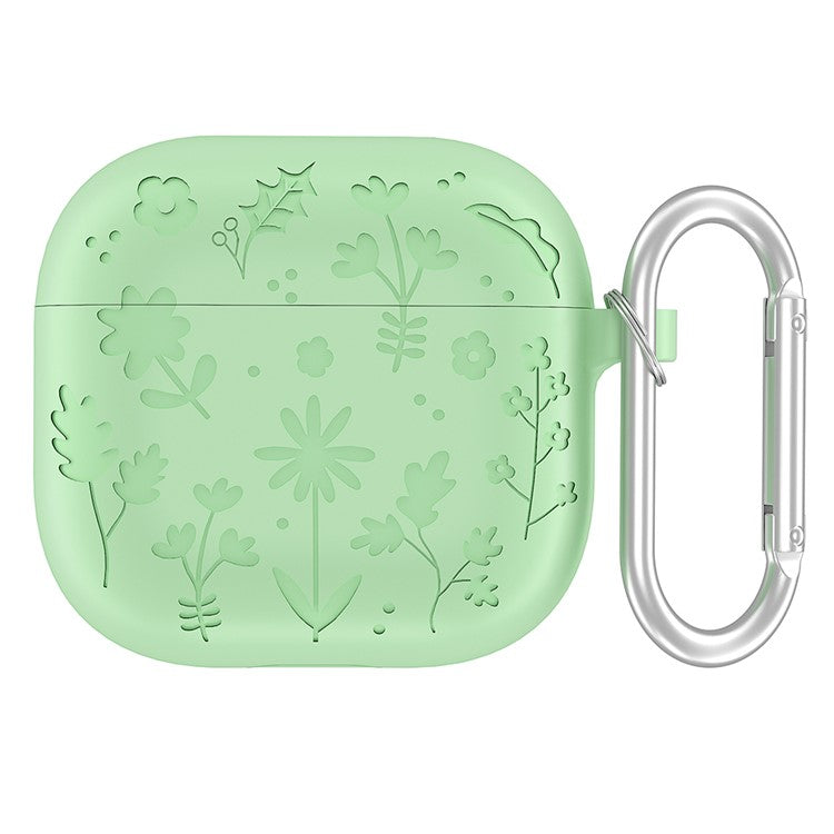 For Apple AirPods 3 Case Floral Pattern Liquid Silicone Earphone Cover with Carabiner - Matcha Green