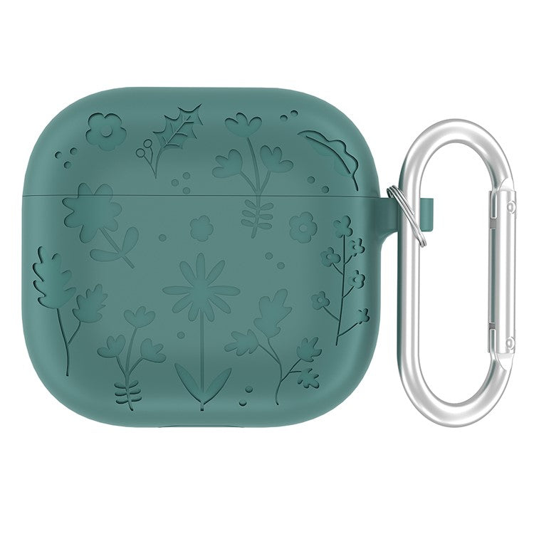 For Apple AirPods 3 Case Floral Pattern Liquid Silicone Earphone Cover with Carabiner - Green