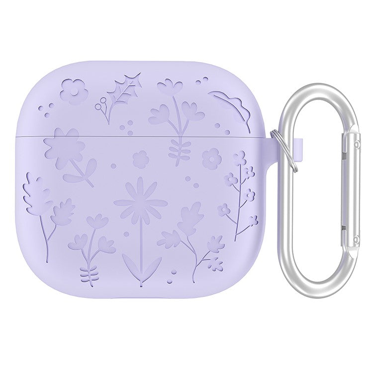 For Apple AirPods 3 Case Floral Pattern Liquid Silicone Earphone Cover with Carabiner - Light Purple