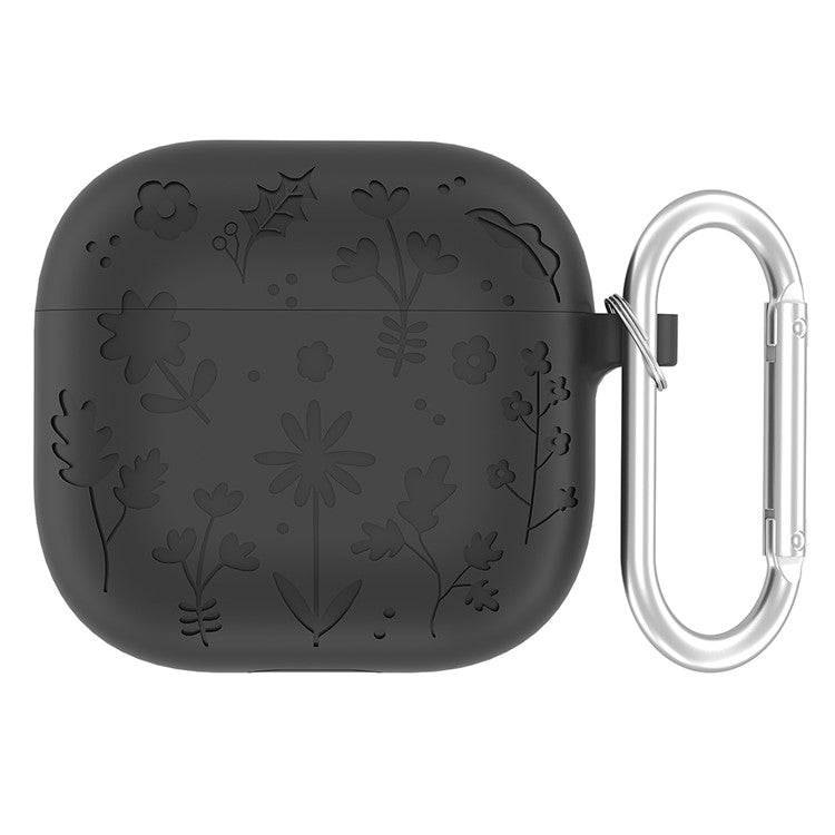 For AirPods Pro 2 / AirPods Pro Case Floral Pattern Liquid Silicone Earphone Cover with Carabiner - Dark Grey