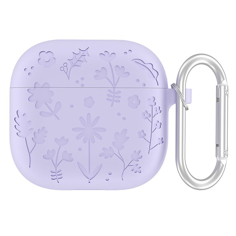 For AirPods Pro 2 / AirPods Pro Case Floral Pattern Liquid Silicone Earphone Cover with Carabiner - Light Purple