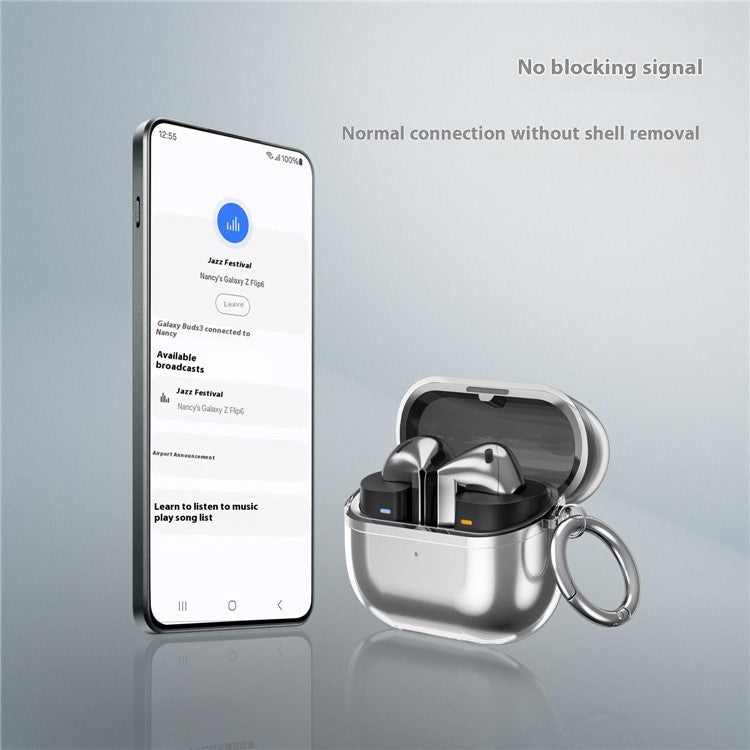 For Samsung Galaxy Buds3 / Buds3 Pro Case TPU Wireless Earphone Cover with Carabiner - Transparent