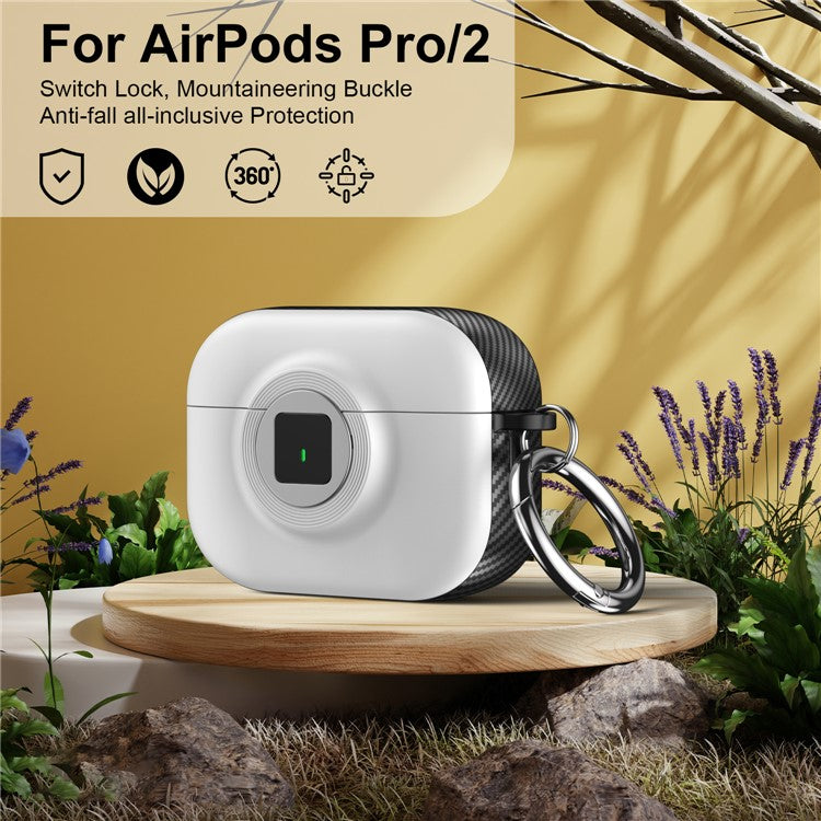 For Apple AirPods Pro 2 Case PC+TPU Flip Earphone Cover with Carabiner and Switch Lock - White