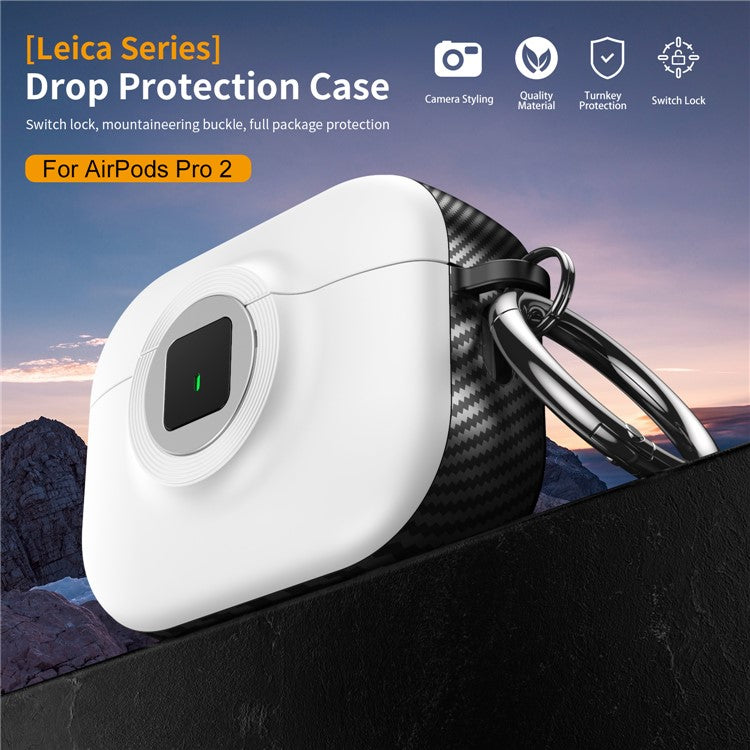 For Apple AirPods Pro 2 Case PC+TPU Flip Earphone Cover with Carabiner and Switch Lock - White