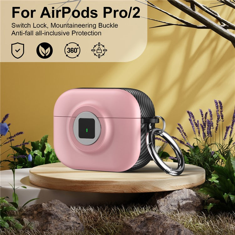 For Apple AirPods Pro 2 Case PC+TPU Flip Earphone Cover with Carabiner and Switch Lock - Pink