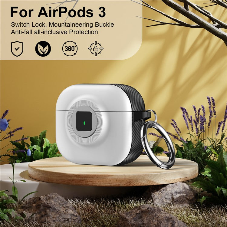 For Apple AirPods 3 Case PC+TPU Flip Earphone Cover with Carabiner and Switch Lock - White