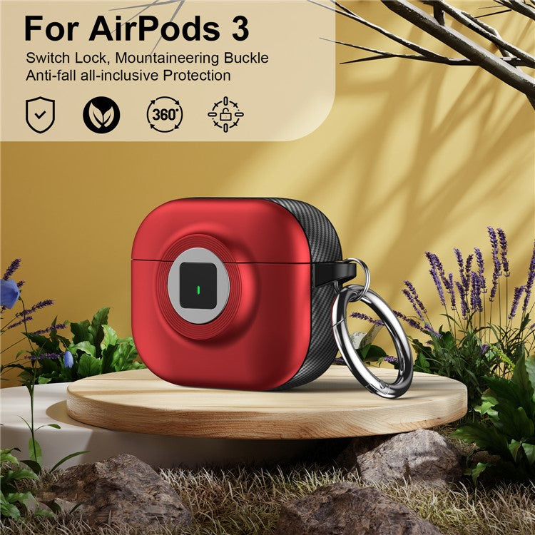 For Apple AirPods 3 Case PC+TPU Flip Earphone Cover with Carabiner and Switch Lock - Red