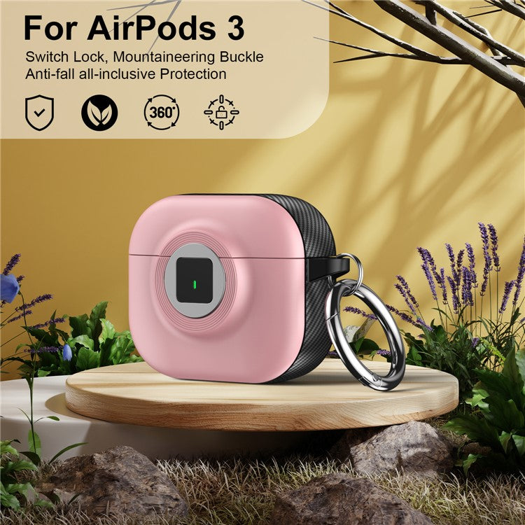 For Apple AirPods 3 Case PC+TPU Flip Earphone Cover with Carabiner and Switch Lock - Pink