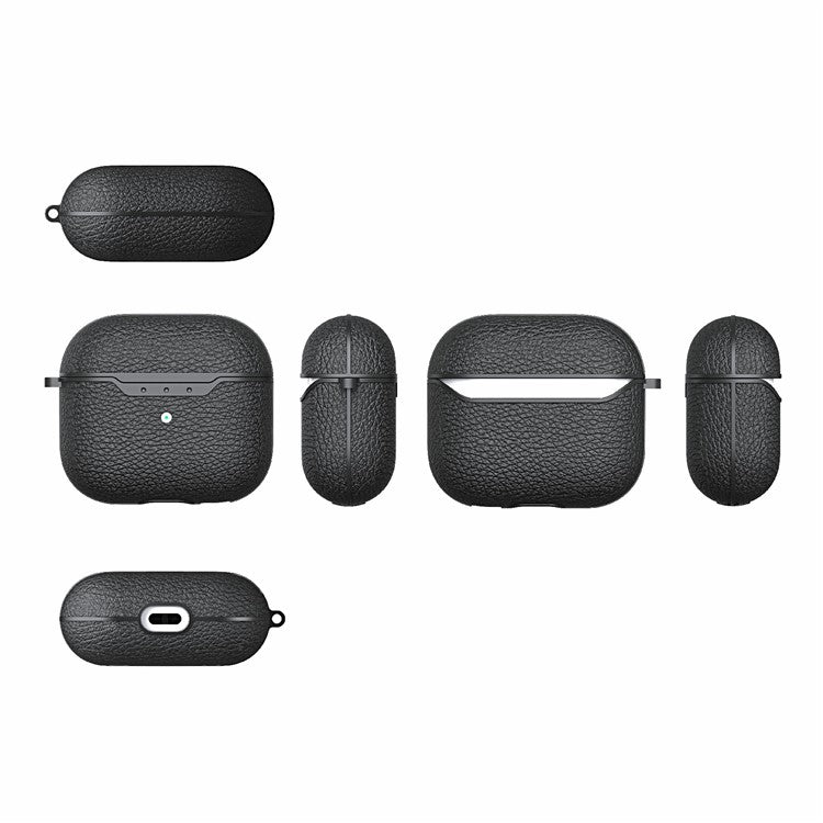 For AirPods 4 Charging Case Cover Litchi Texture Bluetooth Earbuds Shockproof TPU Case with Buckle - Black