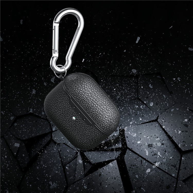 For AirPods 4 Charging Case Cover Litchi Texture Bluetooth Earbuds Shockproof TPU Case with Buckle - Black